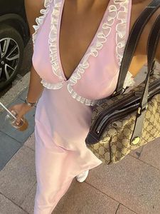 Casual jurken Fantoye Sexy Backless Lace Up Halter Women Maxi Dress Roze mouwloze avond Vrouwelijke zomer Skinny Elegant Party Clubwear