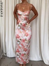 Casual jurken Fantoye sexy backless print bloemen vrouwen maxi jurk roze spaghetti riem avond vrouwelijk skinny elegant feest clubkleding 2024