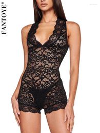 Robes décontractées fantoye sexy voir à travers des femmes en dentelle Bodys noir Deep V-cou à col