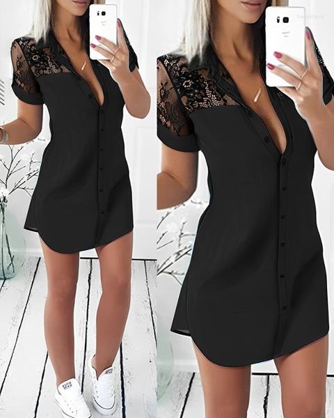 Vestidos casuales Moda 2023 Verano Sexy Crochet Lace Patch Camisa abotonada Mini vestido elegante para mujeres