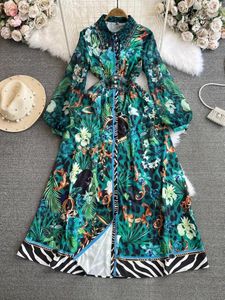 Vestidos casuales Moda 2024 Runway Tropical Jungle Leopard Green Maxi Vestido Mujeres Manga larga Flor francesa Hojas Imprimir Boho Robe Vestidos