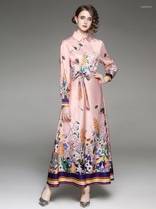 Robes décontractées Mode Automne Femmes Maxi Robe Imprimer Longue Robe Vintage Bureau Dames Simple Boutonnage Manches Robes
