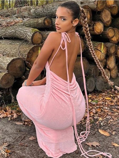 Vestidos casuales Moda Vestido maxi sin respaldo para mujeres 2023 Sexy Pink Spaghetti Strap Slim Long Club Party Beach Summer Trajes negros