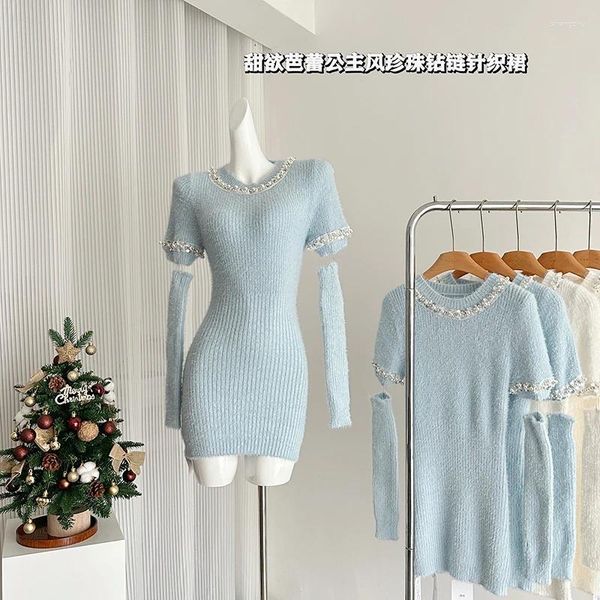 Robes décontractées Fashion Perle String Design Knit Mini Robe Women Femme Party TreeTed High Street Sweet Slim Fit Automne