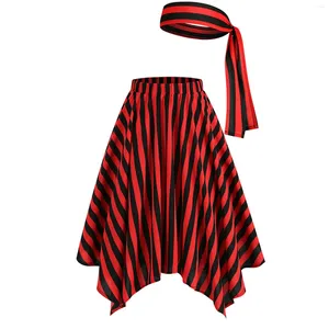 Robes décontractées Mode Noir Rouge Couleur Bloc Stripe Demi-Jupe Femmes Ourlet Irrégulier Taille Élastique Cosplay Pirate Costume Avec Ceinture Faldas
