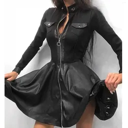Casual jurken Fashion Black Zipper Bodycon Party Dress Women's Sexy Tight Faux Leather Mini Ladies Elegant Big Swing Hem