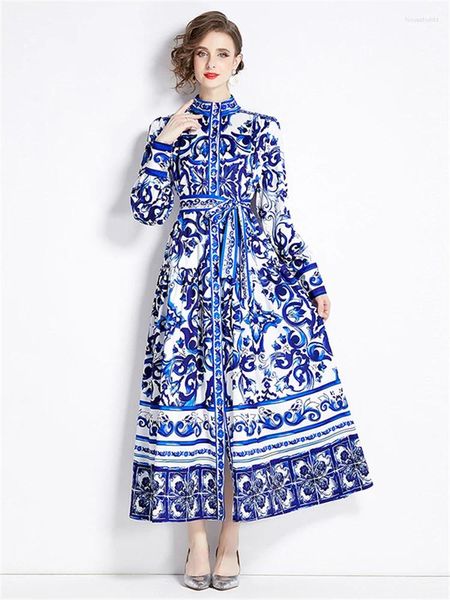 Robes décontractées Mode Bleu et Blanc Porcelaine Maxi Robe Pour Femmes 2024 Printemps Manches Longues À Lacets Robes Lâches Femme