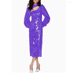 Robes décontractées mode bulle à manches longues robe mi-longue pour les femmes haute rue brillant PVC cuir arrière fendu élégant dames fête crayon