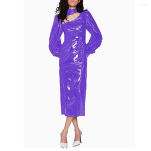 Casual jurken Fashion Bubble Midi -jurk met lange mouwen voor vrouwen High Street glanzende PVC lederen achterkant Split Elegant Ladies Party Pencil