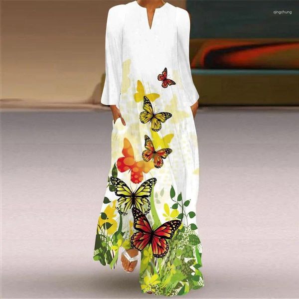 Robes décontractées Mode Papillon Imprimer Automne Robe 2024 Sexy Boho Plage Femmes Col V Manches Longues Poche Grande Taille