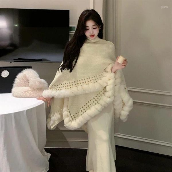Robes décontractées de mode célébrité tricotée cheongsam qipao robe automne hiver 2 pièces fourrure pompe épais châle châle