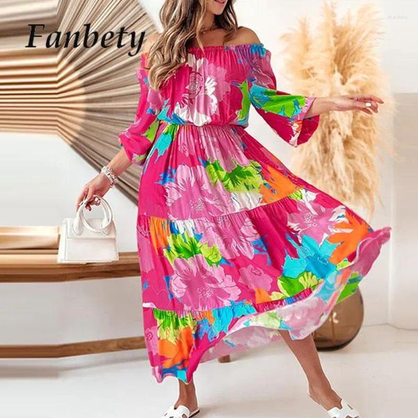 Robes décontractées Mode Motif coloré Imprimer Boho Beach Robe Femmes Élastique Slash Cou Plissé Fête Automne Floral Élégant Robe