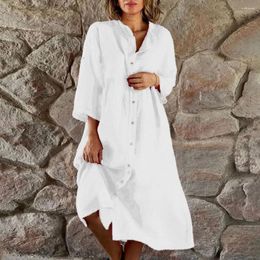 Robes décontractées mode coton lin chemise robe Texture douce élégant femmes col montant Midi solide pour les vêtements d'été
