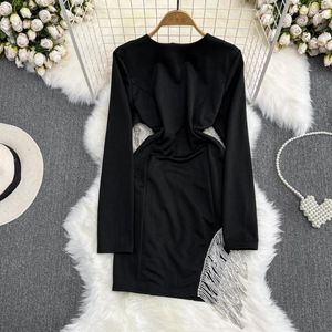 Casual Jurken Fashion Design Lange Mouw Ronde Hals Open Rug Kwasten Jurk Vrouwen Taille Slim Fit A-lijn Billen Verpakt Kort