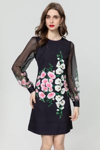 Casual jurken Modeontwerper 2024 nieuwe jurk met ronde hals, print en lange mouwen