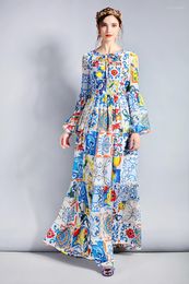 Robes décontractées Designer de mode Maxi Dress 5XL Manches longues pour femmes Boho Colorful Flower Print