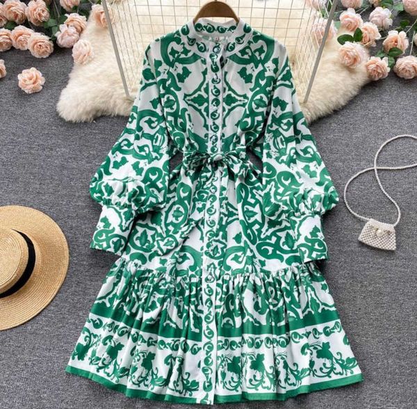 Robes décontractées Fashion Designer Runway Dress Printemps Automne Femmes Manches Longues Lanterne Simple Poitrine Floral-Print Lace-Up Mini Casual Robe Lanterne