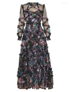 Casual jurken modeontwerpster zomerjurk dames lantaarn mouw bloemenprint zwart mesh lang vintage feest