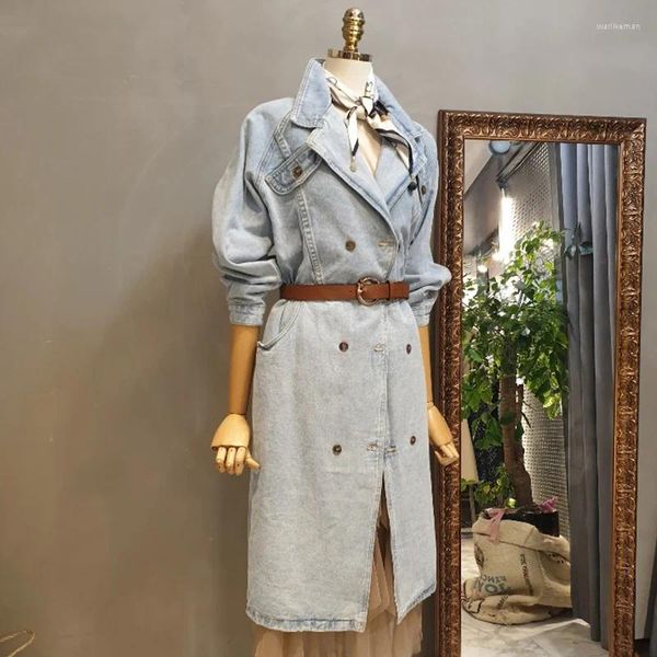 Robes décontractées mode Double serrage clair bleu en jean veste robe printemps 2024 Tie à la taille de la taille en cime