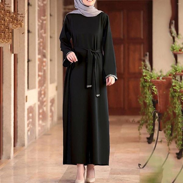 Vestidos casuales Moda elegante musulmán Turquía Negro Ropa islámica Mujeres con cordones Color sólido Manga acampanada Arabia Saudita Batas Ramadán Batas