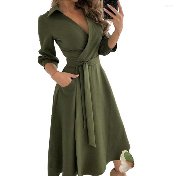 Robes décontractées mode élégante fête manches trois-quarts solide Floral recadrée col en V profond ceinture Wrap longue robe de soirée pour les femmes