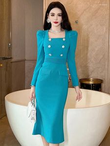 Robes décontractées mode Élégante robe bleue pour femmes Style professionnel à double taille haute taille basse du bureau d'affaires Vestidos