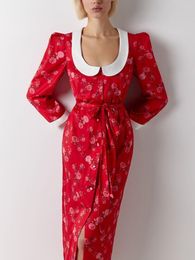 Robes décontractées Mode Robe Femme 2023 Élégant Col Rabattu Taille Haute Bandage Imprimé Floral Tuniques Mi-mollet Rouge Bureau Streetwear