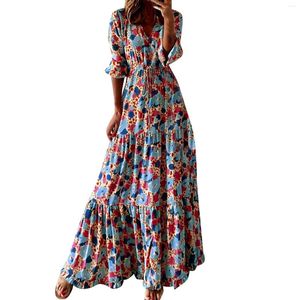 Vestidos casuales moda floral maxi vestido mujeres verano una línea boho playa sundress manga corta suelta bohemia volantes largos