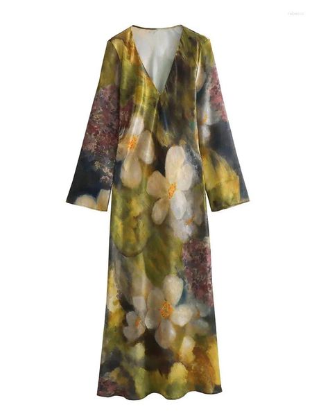 Vestidos casuales Moda Vestido de impresión floral Mujer de manga larga con cuello en V Longitud del tobillo Hembra recta 2024 Primavera Verano Lady Robes