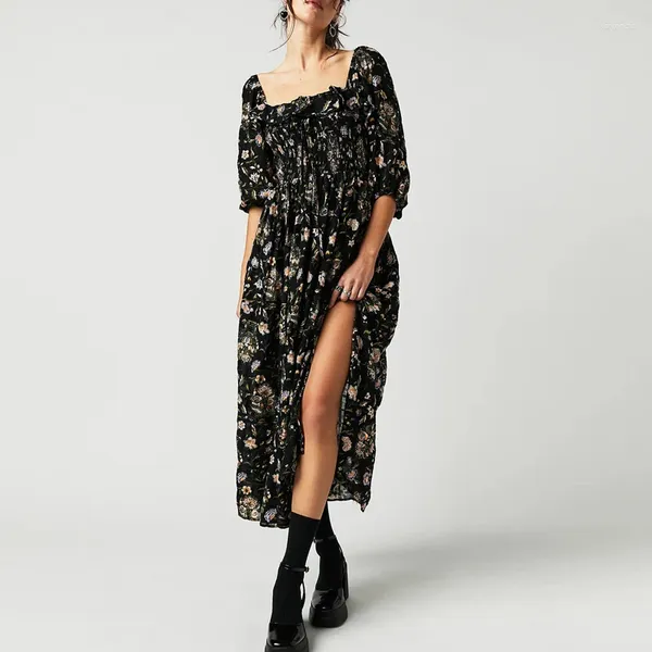 Robes décontractées Mode Floral Imprimer Style Français Maxi Robe Femmes Dos Nu Slit Fête Plis Élégants Élastique Volants Col Carré