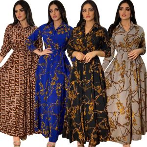 Casual Jurken Mode Franse Elegant voor Vrouwen Zomer Retro Print Moslim Dubai Abaya Revers Single-breasted Lange Mouw Jurk