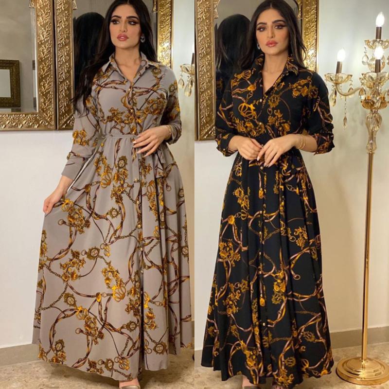 Casual Kleider Mode Französisch Elegant Für Frauen Sommer Retro Druck Muslimischen Dubai Abaya Revers Einreiher Langarm Hemd Kleid
