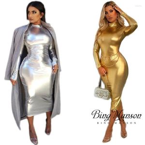 Casual jurken Fashion Gold Silver Bodycon Sexy Cocktail Party Elegante dames slanke fit lange mouw metallic holografische midi -jurk