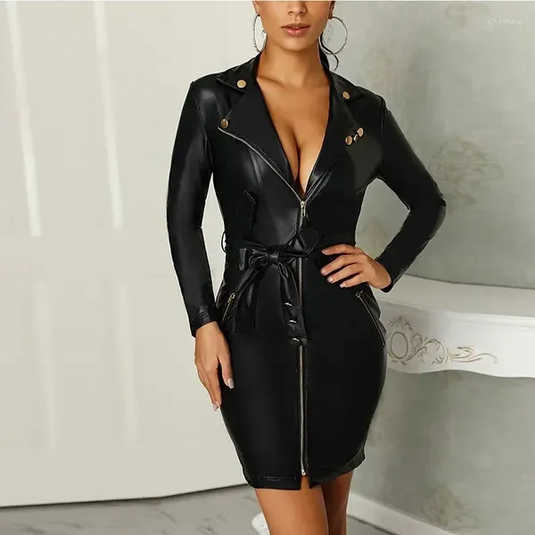 Robes décontractées Mode Gothique PU Cuir Femmes Push Up Courte Mini Robe Sexy 2024 Ceinture Fermeture À Glissière Noir Robe Mujer Manches Longues