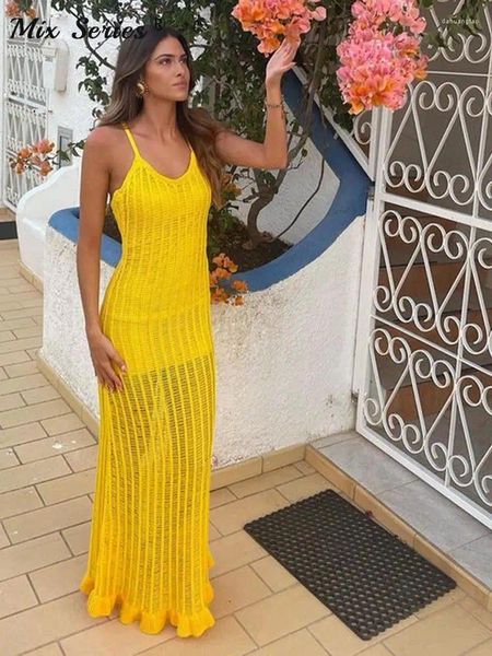 Vestidos casuales Moda Medio Ver a través de malla Maxi Vestido Mujeres Amarillo Sexy V-Cuello Sin mangas Sin espalda Slim 2024 Elegante Vestido de playa