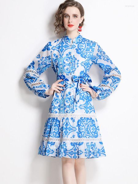 Robes décontractées mode évider lâche à lacets 2022 automne à manches longues Vintage bleu et blanc porcelaine impression sirène robe Vestidos