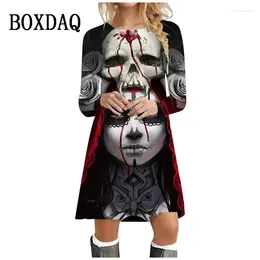 Robes décontractées Mode Horreur Halloween Party Femmes Robe Crâne Motif 3D Imprimer Manches Longues Lâche A-ligne Automne Robe