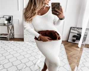 Casual jurken mode gebreide trui jurk vrouwen sexy vneck slanke maxi lange mouw bodycon geribbeld wit zwart vrouwelijk streetwear787095333