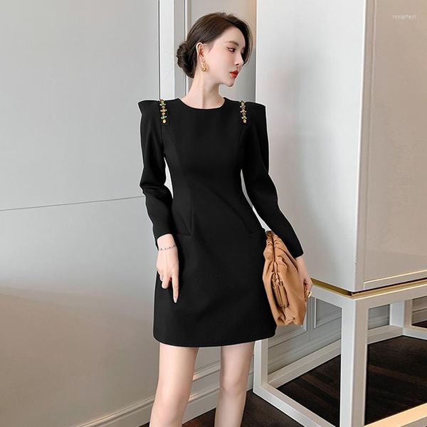 Vestidos casuales Moda Coreana Vintage Sexy Cuello cuadrado Puff Manga Mini Vestido de fiesta Mujeres Streetwear Elegante Bolsillo Negro Corto Femenino