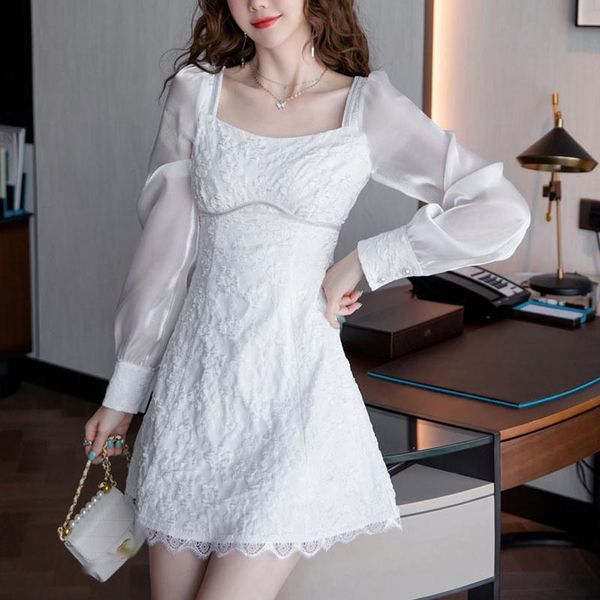 Vestidos casuales moda mujer coreana Vintage dulce Sexy cuello cuadrado manga larga Mini vestido de fiesta ropa de calle seda brillante blanco Mujer