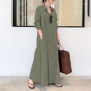 Vestidos casuales Moda Mujer Algodón Lino Sólido Solapa Manga larga Bolsillo Camisa simple Vestido Mujer Maxi Vestidos Robe Femme