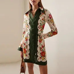 Casual Jurken Mode Revers Kraag Knop Shirt Jurk Dames Lange Mouw Tie-up Mini Elegante Bloemenprint Patchwork Recht