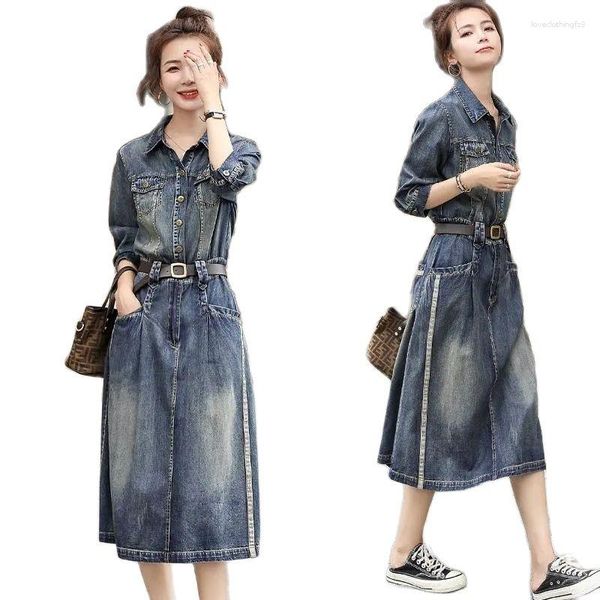 Robes décontractées mode loisirs manches trois-quarts robe en jean pour femmes 2023 automne moyen long dames tempérament Cowgirl jupe trapèze