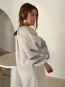 Robes décontractées Mode Lin Imprimé Femme Slit Maxi Robe Lâche Col V Manches Longues Robes 2024 Printemps Dame Vacances Chic Robe