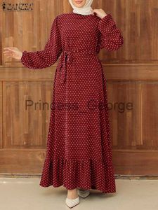 Casual Jurken Mode Lange Mouwen Ruches Zoom Moslim Dubai Turkije Zonnejurk ZANZEA Vrouwen Vintage Polka Dot Gedrukt Maxi Jurk Ramadan Jurken x0625