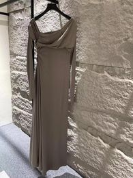 Casual jurken mode lyocell wol gebreide helulschouder maxi voor vrouwen hoogwaardige massief ledige lage mouw zachte asymmetrische gedrapeerde jurk dame