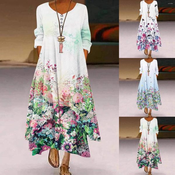 Vestidos casuales Moda Maxi Vestido Mujer Floral Impreso Sundress Manga larga Boho Vestidos Mujer Túnica suelta