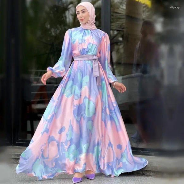 Vestidos casuales Moda Ropa musulmana Satén Abaya Medio Oriente Imprimir Robe Dubai Turquía Islámico Elegante Vestidos femeninos Árabe Kaftan Marruecos