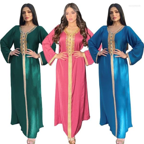 Robes décontractées Mode Musulman Jalabiya Hijab Robe Pour Femmes Moyen-Orient Turquie Arabe Dubaï Marocain Caftan Diamant Ruban V Cou Long