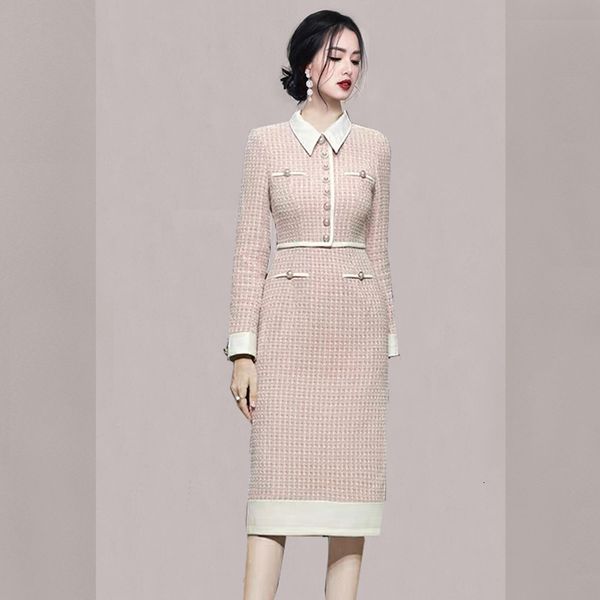 Robes décontractées Mode Perle Bouton Rose Plain Tweed Robe Femme Température Coréenne Élégant Slim Mode Débardeur Serré 230330